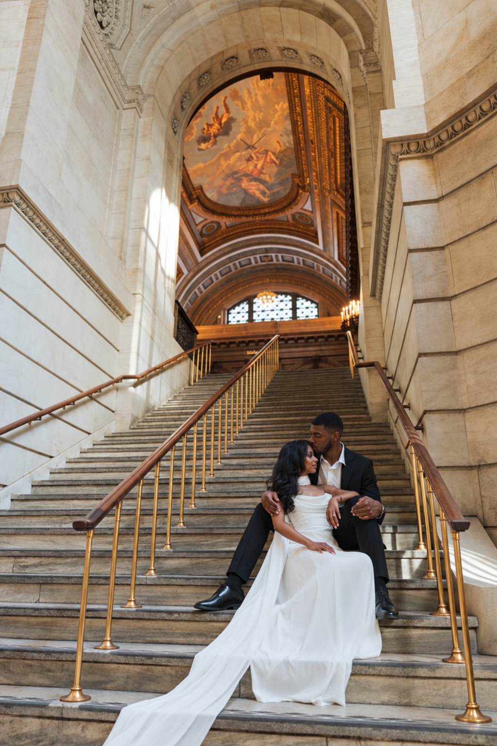 Mariés assis sur un grand escalier